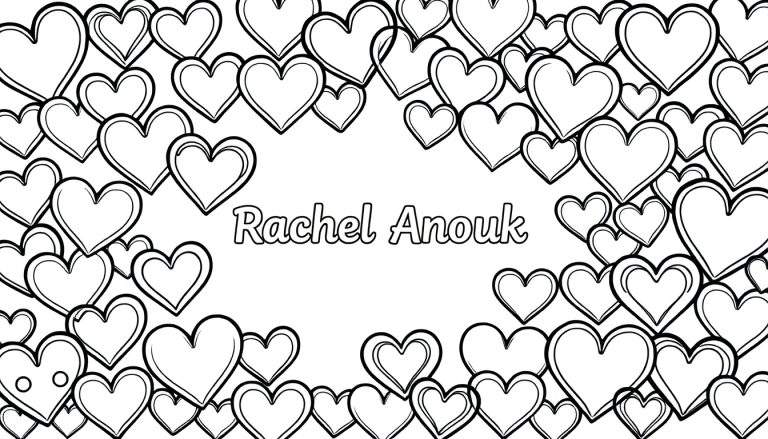 Zwart-wit kleurplaat met de naam Rachel Anouk in het midden, omringd door decoratieve harten.