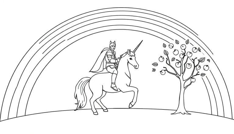 Zwart-wit lijntekening van een kleurplaat met een ridder op een eenhoorn onder een regenboog, naast een appelboom.