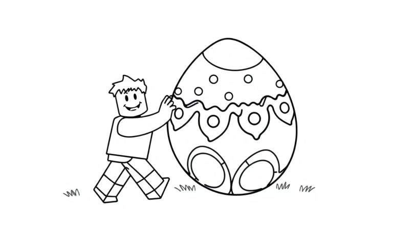 Kleurplaat van een blokkerig figuur dat een groot paasei vasthoudt, met gras op de achtergrond.
