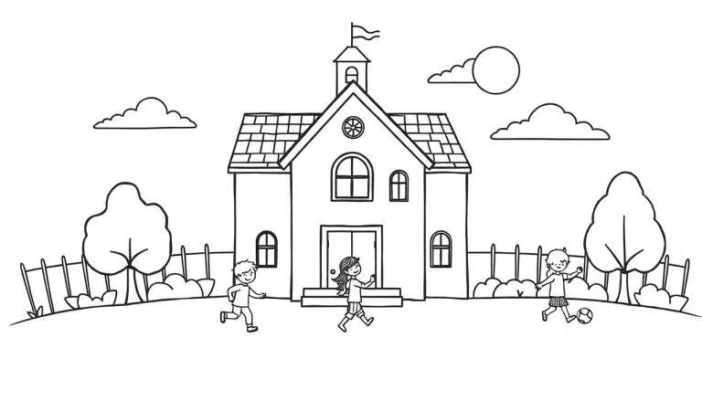 Een zwart-wit tekening van een schoolgebouw met drie spelende kinderen op een grasveld.