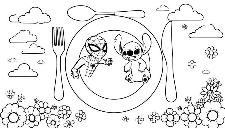 Kleurplaat van Spider-Man en Stitch samen aan een gedekte tafel met bestek, bord, wolken en bloemen.
