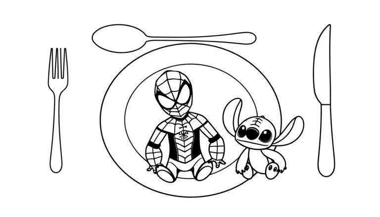 Kleurplaat van Spiderman en Stitch, getekend in chibi-stijl, zittend op een bord met bestek.