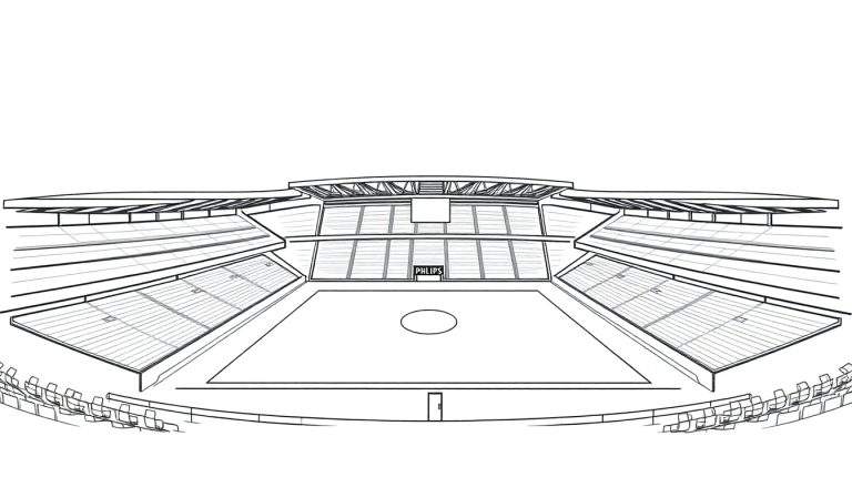 Kleurplaat van een leeg voetbalstadion, bovenaanzicht, met lijnen die tribunes, veld, scorebord en reclamebord tonen.