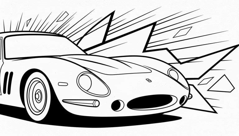 Kleurplaat van een klassieke sportwagen met dynamische lijnen die snelheid uitbeelden.