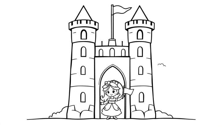 Zwart-wit kleurplaat van een sprookjeskasteel met een prinses in de poort, twee vogeltjes in de lucht en een rotsachtige ondergrond.