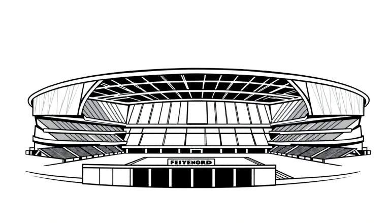 Gestileerde zwart-wit kleurplaat van het Feyenoord stadion met de tekst FEIJENOORD op het veld.