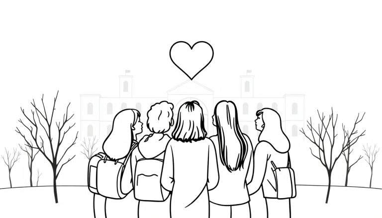 Zwart-witte lijntekening van vijf jonge vrouwen, studentes, met rugzakken staand voor een klassiek gebouw. Boven hen zweeft een groot, zwart omrand hart. Kale bomen flankeren de groep.