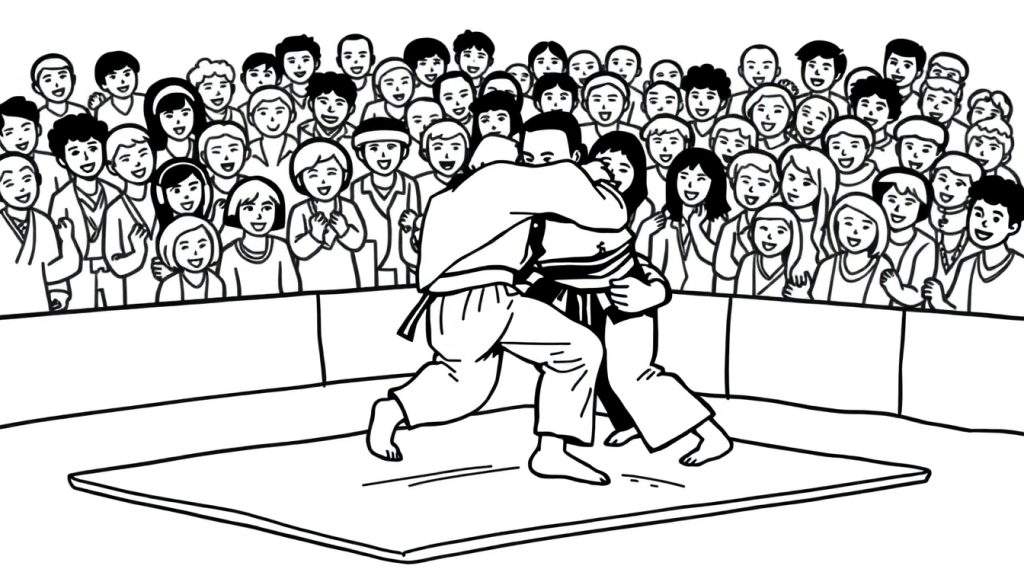 Kleurplaat van twee judoka's die een worp uitvoeren op een judomat, met juichende toeschouwers op de achtergrond.