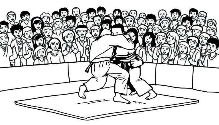 Kleurplaat van twee judoka's die een worp uitvoeren op een judomat, met juichende toeschouwers op de achtergrond.