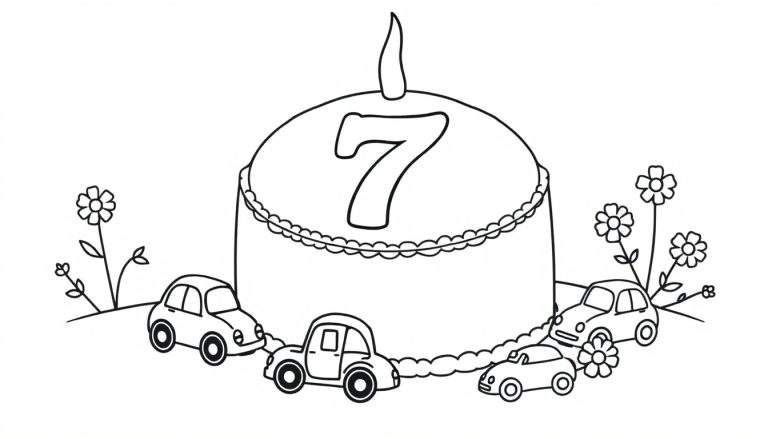 Zwart-wit lijntekening van een verjaardagstaart met het cijfer 7 en een kaars, drie kleine auto's en bloemen.