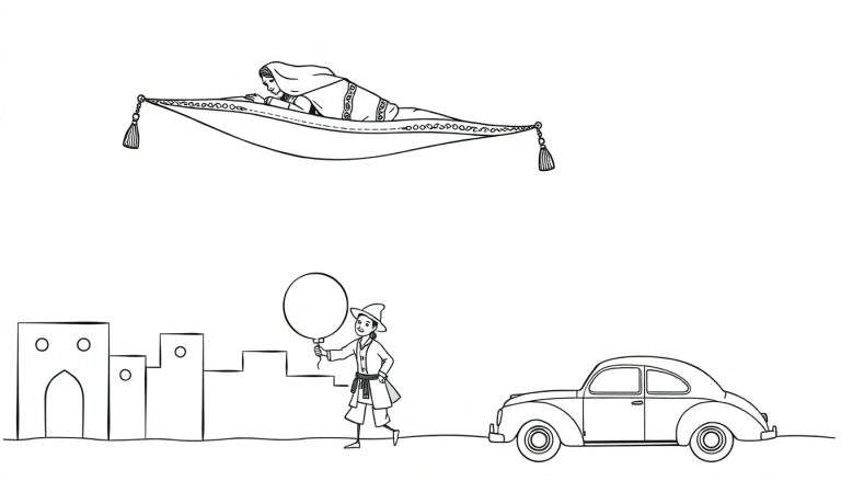 Kleurplaat van een zwart-wit lijntekening met een slapende vrouw op een vliegend tapijt, met daaronder een Midden-Oosterse stad, een jongen met een ballon en een klassieke Volkswagen Kever.