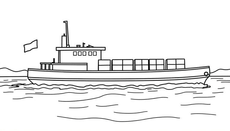 Kleurplaat van een vrachtschip met containers op zee, getekend met dikke zwarte lijnen op een witte achtergrond.
