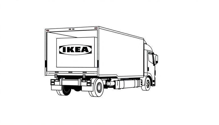 Lijntetekening van een vrachtwagen met open laadruimte en een IKEA-doos binnenin.