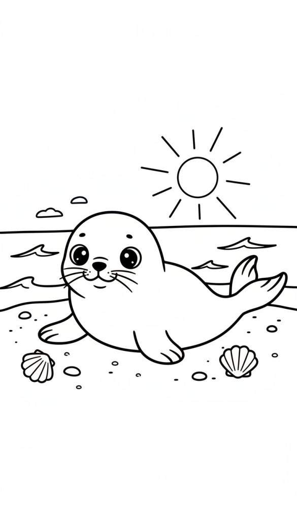 Kleurplaat van een schattig zeehondje op het zand, met de zee, golven en zon op de achtergrond. Twee schelpen liggen naast het zeehondje.
