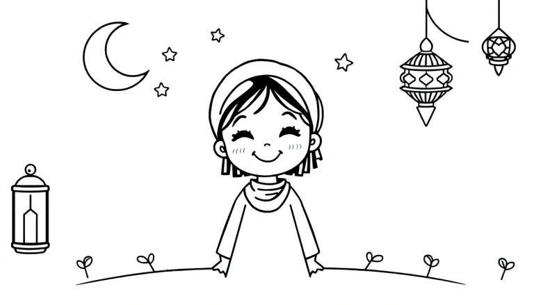 Zwart-wit lijntekening van een lachend meisje met gesloten ogen en lachrimpeltjes, kijkend over een golvende lijn met plantjes. Linksboven een sikkelmaan met sterren. Rechtsboven twee versierde lantaarns. Linksonder een cilindervormige lantaarn.