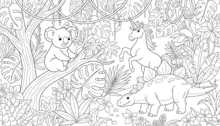 Een zwart-wit lijntekening van een jungle met een koala, een eenhoorn en een dinosaurus, bedoeld als kleurplaat.