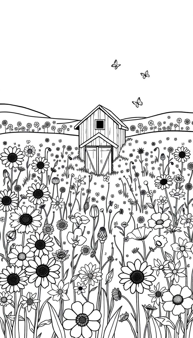 Zwart-wit kleurplaat van een landelijk tafereel met een boerderijtje, bloemenveld, heuvels en vlinders.