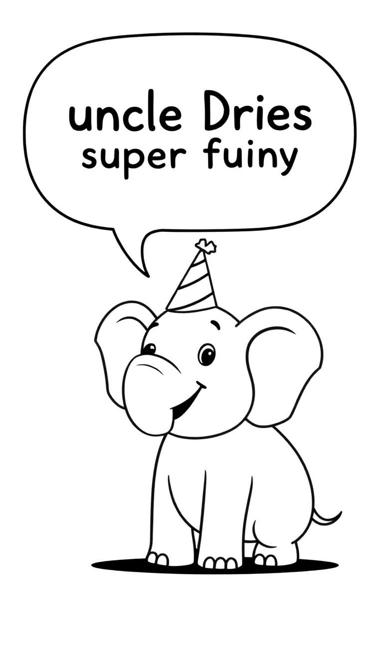 Zwart-wit tekening van een lachend olifantje met grote oren en een feestmuts, zittend op de grond. Boven het olifantje zweeft een tekstballon met 'Uncle Dries Super Funy'.