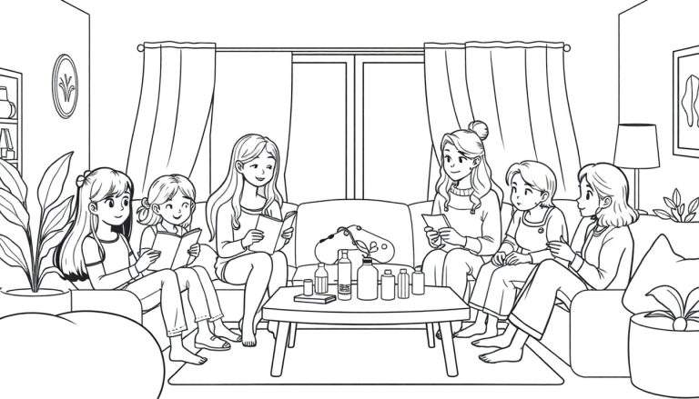 Zwart-wit tekening van zes vrouwen die ontspannen in een gezellige woonkamer, lezend, pratend en bezig met huidverzorging. Er is een salontafel met flesjes, een hoofdmassageapparaat en een vaasje, planten aan de zijkanten en kunst aan de muur.