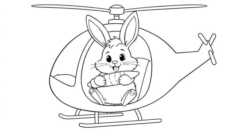 Zwart-wit kleurplaat van een lachend konijn in een helikopter met een wortel.