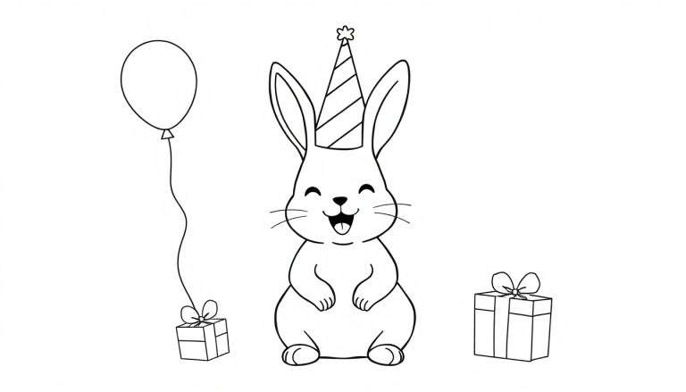 Zwart-wit lijntekening van een lachend konijn met een feesthoedje, een cadeautje aan een ballon en nog een cadeautje op de grond.