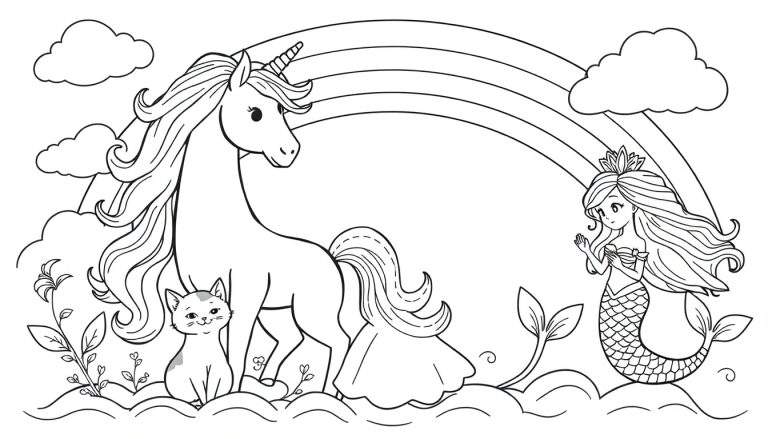 Kleurplaat met een eenhoorn, katje, zeemeermin, regenboog en bloemen.