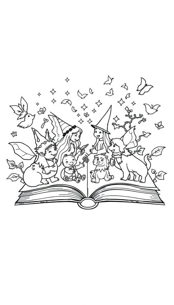 Zwart-wit lijntekening van een magische scène met een open boek, elfjes, kabouters, een leeuwtje, een hondje met vleugels, en zwevende sterren, vlinders en bloemen.