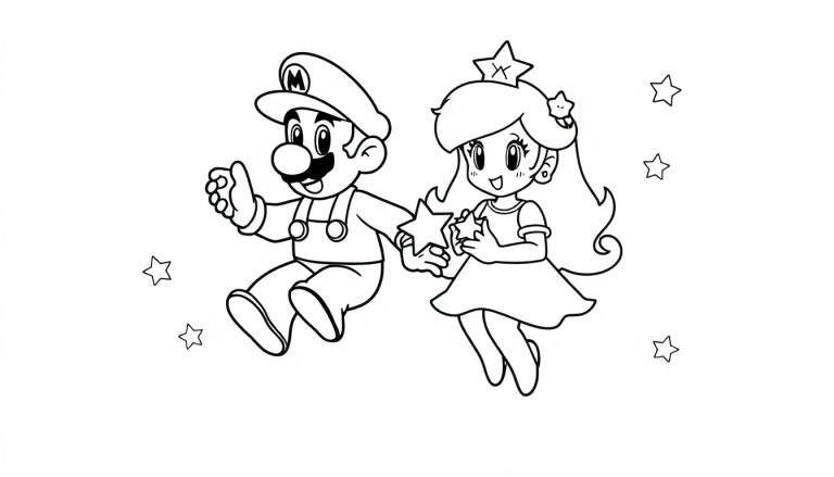 Kleurplaat van Mario met zijn kenmerkende snor en pet, samen met een prinses met een kroon en sterren, die vrolijk in de lucht zweven, met losse sterren eromheen.