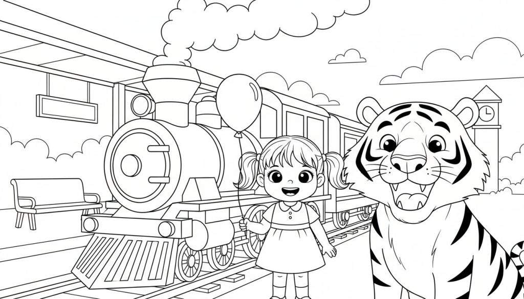 Zwart-wit tekening van een meisje met twee staartjes en een glimlachende tijger die samen bij een treinstation staan. Een stoomtrein staat klaar met rook uit de schoorsteen.