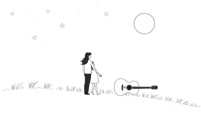 Minimalistische zwart-witte kleurplaat van twee vrouwen met hun rug naar de kijker, staand op een glooiend grasveld. De ene vrouw heeft lang donker haar en draagt een wit shirt en donkere broek, de ander, iets kleiner, draagt een lichte jurk en houdt haar hand vast. Rechts ligt een akoestische gitaar. De lucht is wit met een grote cirkel (maan), kleine puntjes (sterren), drie hartjes en een sterretje.