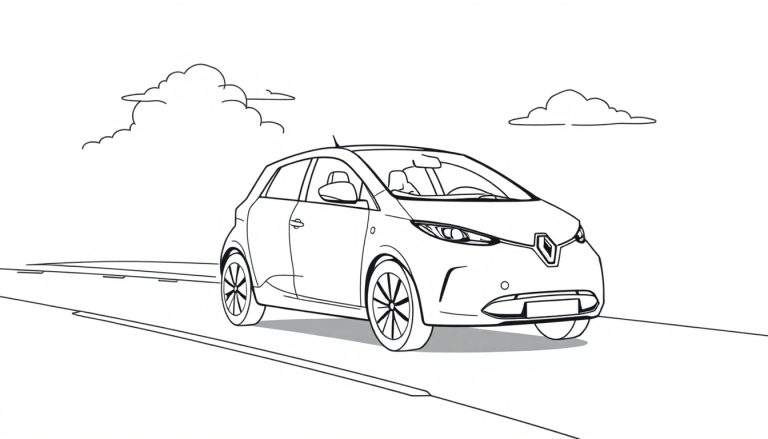 Zwart-wit lijntekening van een moderne compacte auto op een weg met wegmarkeringen en wolken op de achtergrond.