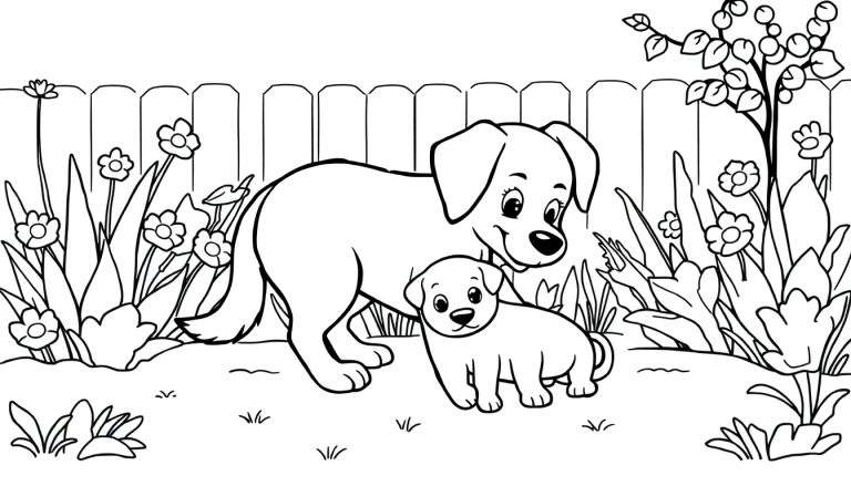 Zwart-wit lijntekening van een moederhond en haar puppy die samen in een tuin staan, omringd door bloemen, planten en een houten hek.