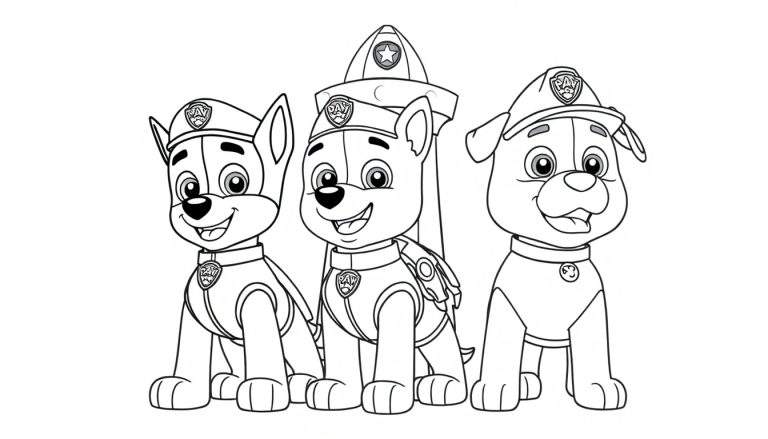 Kleurplaat van de Paw Patrol karakters Chase, Marshall en Rubble die naast elkaar staan en vrolijk kijken.