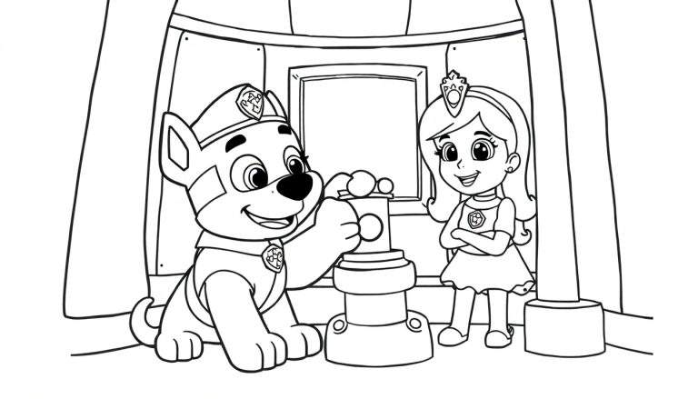 Kleurplaat van Chase van Paw Patrol die op een knop drukt naast een prinses met een kroon.