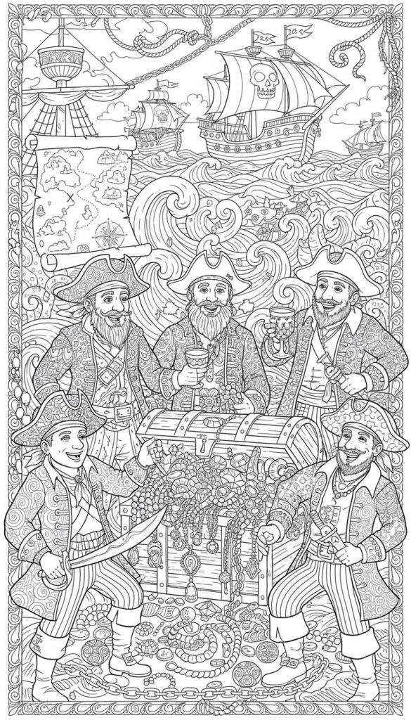 Gedetailleerde kleurplaat met piraten, schepen en schatten. Piraten vieren hun buit, omringd door goud en juwelen. Schepen varen op hoge golven.