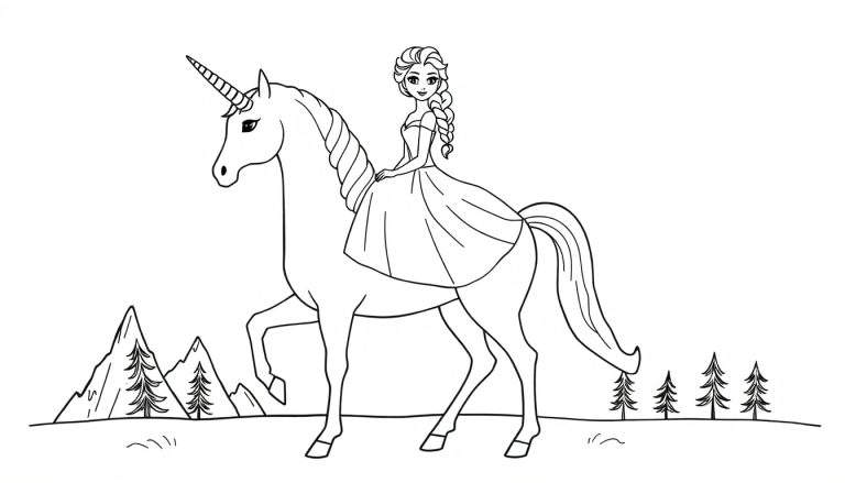 Zwart-wit lijntekening van een prinses met een vlecht die lachend op de rug van een eenhoorn zit, met op de achtergrond bergen en dennenbomen.