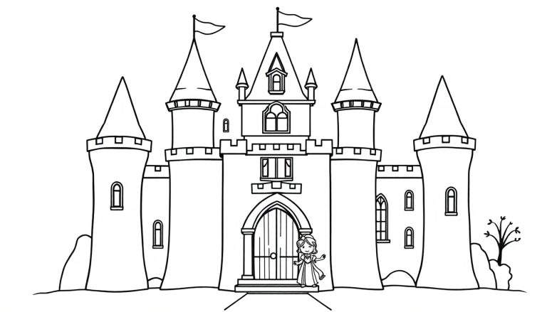 Zwart-witte lijntekening van een groot sprookjeskasteel met meerdere torens en een prinses die voor de hoofdingang staat.