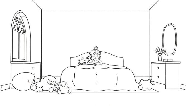 Kleurplaat van een meisje met een kroon dat lacht in een bed, in een slaapkamer met knuffels, een boogvormig raam en witte kastjes.