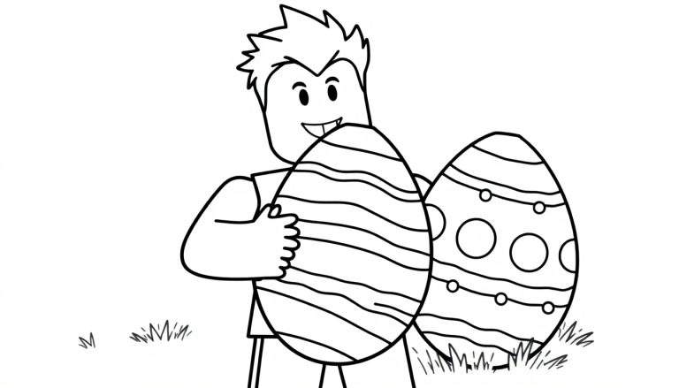 Een zwart-wit tekening van een Roblox-personage dat een paasei vasthoudt, met een ander paasei ernaast en gras op de voorgrond.