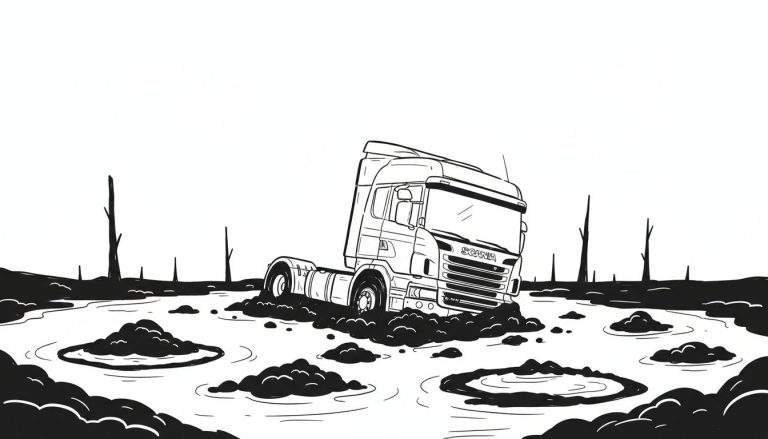 Zwart-wit tekening van een Scania vrachtwagen die vastzit in een grote modderplas, met dode bomen op de achtergrond.