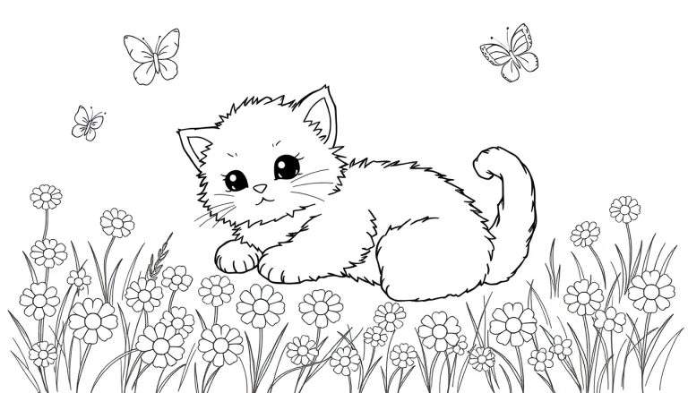 Zwart-wit tekening van een schattig, pluizig katje dat rust in een bloemenveld met madeliefjes, grassprieten en drie vliegende vlinders.