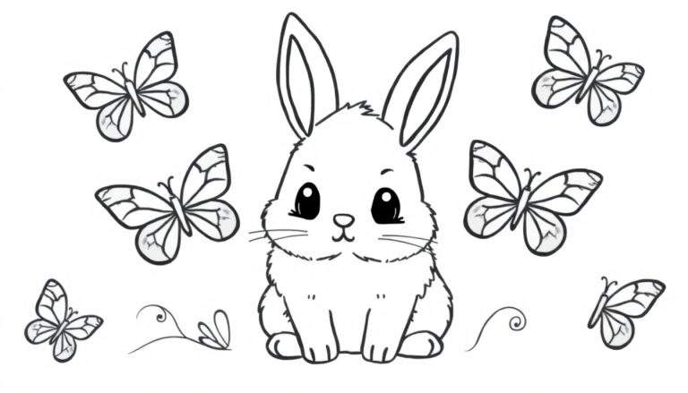 Zwart-wit tekening van een schattig konijntje dat rechtop zit, met zes vlinders en decoratieve takjes.