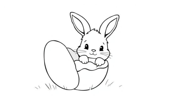 Kleurplaat van een vrolijk konijntje met grote oren dat uit een gebroken ei kijkt, met gras op de grond.