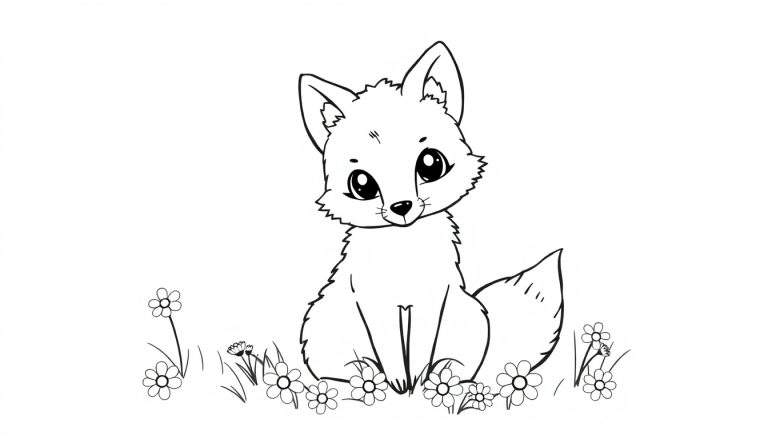 Zwart-wit lijntekening van een schattig vosje met grote ogen, spitse oren en een pluizige vacht, zittend in een veld met madeliefjes.