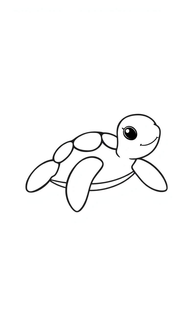 Zwart-wit lijntekening van een schattige cartoon zeeschildpad die zwemt, met een groot vriendelijk oog en lachende mond.