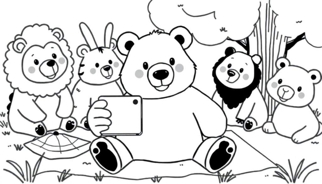 Zwart-wit kleurplaat van een groep schattige dieren die een selfie maken buiten. Een grote beer met een smartphone in het midden, naast een leeuw, een konijnachtig dier en twee andere beren. De dieren zitten op een picknickkleed met gras en bomen op de achtergrond.