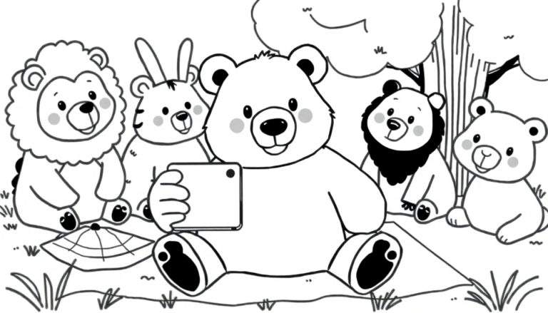 Zwart-wit kleurplaat van een groep schattige dieren die een selfie maken buiten. Een grote beer met een smartphone in het midden, naast een leeuw, een konijnachtig dier en twee andere beren. De dieren zitten op een picknickkleed met gras en bomen op de achtergrond.