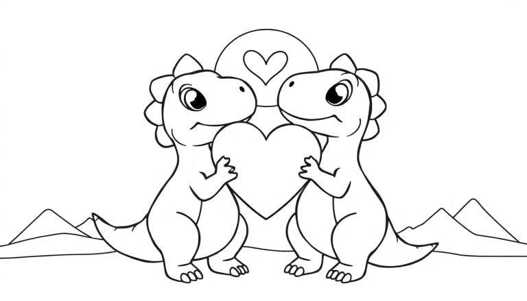 Zwart-wit lijntekening van twee schattige, cartoonachtige dinosaurussen die samen een groot hart vasthouden, met een hartvormige achtergrond en heuvels op de achtergrond.
