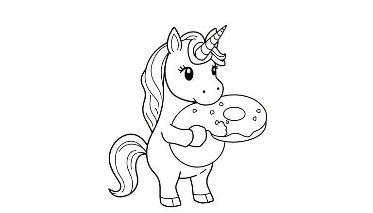 Zwart-wit tekening van een cartoon eenhoorn die een grote donut vasthoudt.