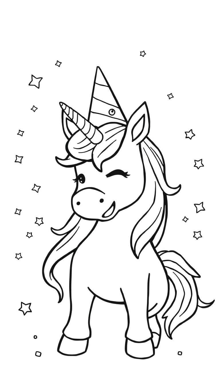 Een zwart-wit getekende eenhoorn met een gestreept feesthoedje, knipoogend en lachend, omringd door zwevende sterren en stipjes. De achtergrond is leeg.
